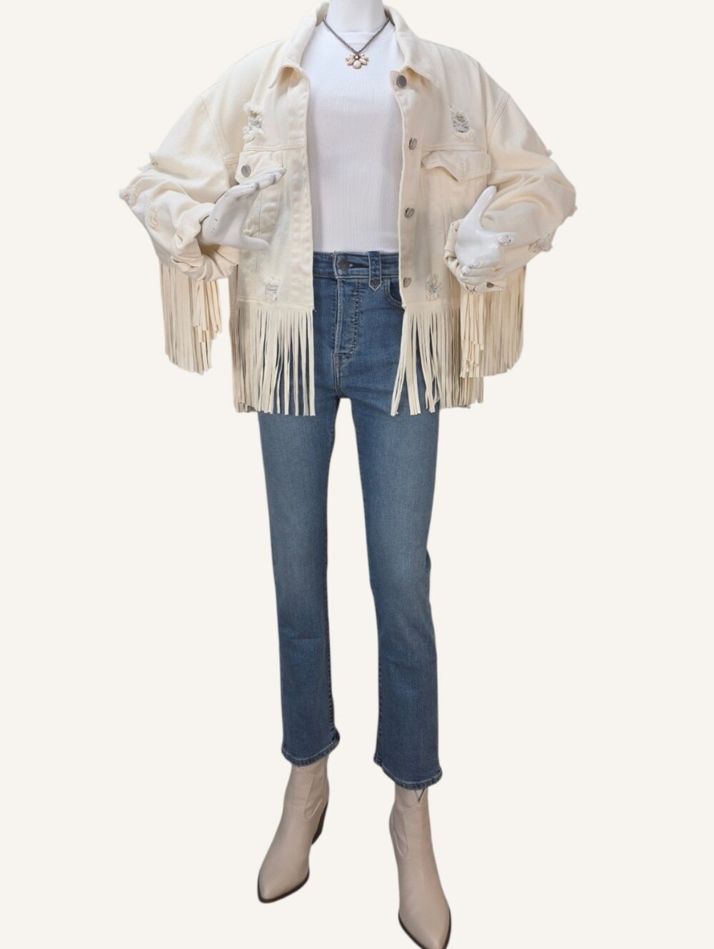 Pink Lily Ivory Fringe Distressed Denim Jacket XL Western Boho Rodeo NWOT